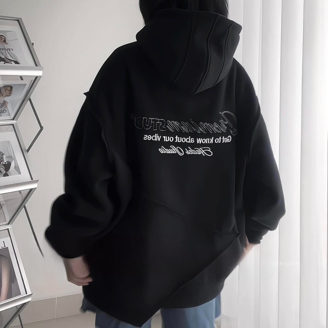 Áo khoác hoodie thêu chữ PREMIUM STUDIO màu đen vải nỉ lót bông form rộng unisex nam nữ