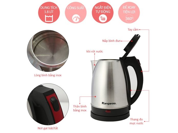 ẤM SIÊU TỐC INOX 1,8L KANGAROO KG338 1500W
