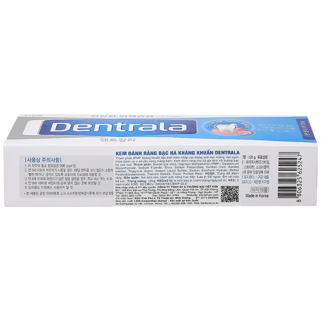 KEM ĐÁNH RĂNG HÀN QUỐC DENTRALA BẠC HÀ KHÁNG KHUẨN 120G