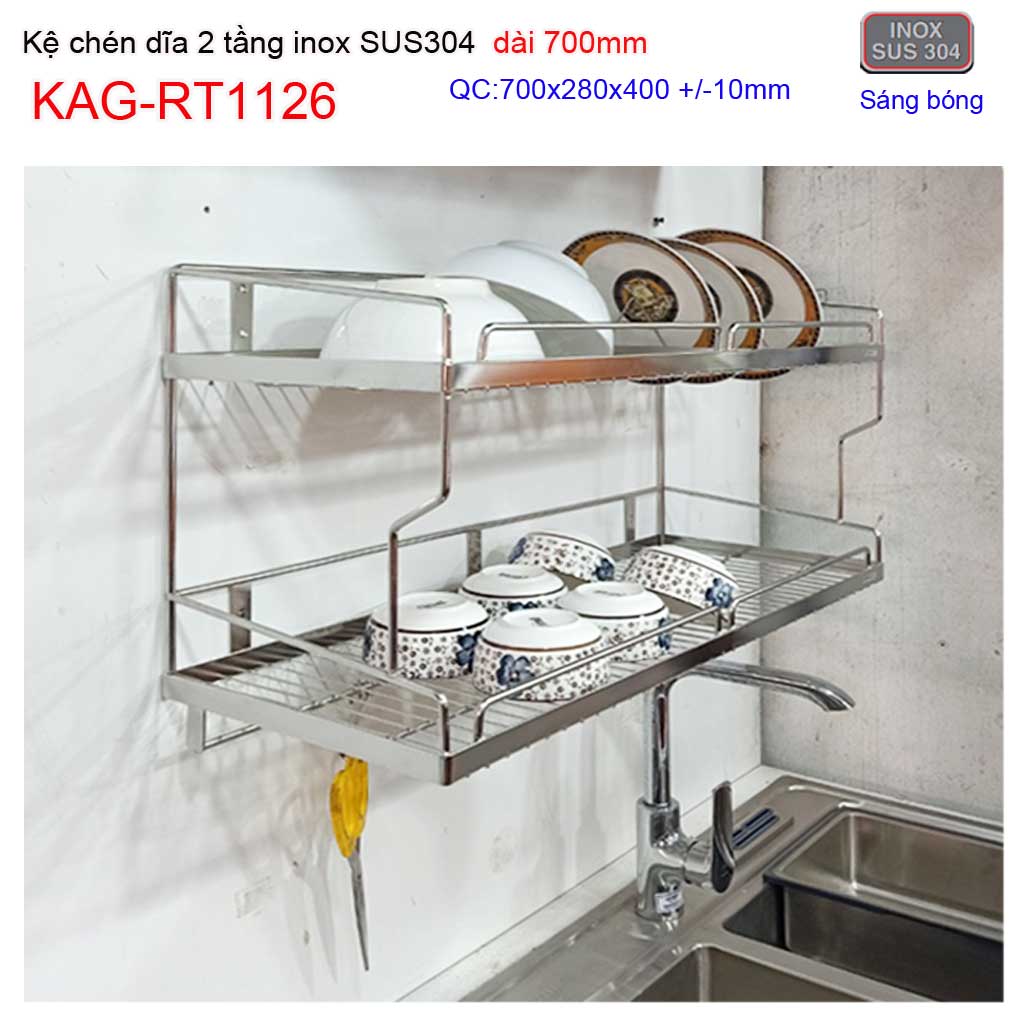 [HCM]Kệ đựng chén 70cm KAG-RT1126 SUS304, kệ úp chén dĩa 2 tầng dài 70cm kệ chén bát 2 tầng inox 304 dày đẹp