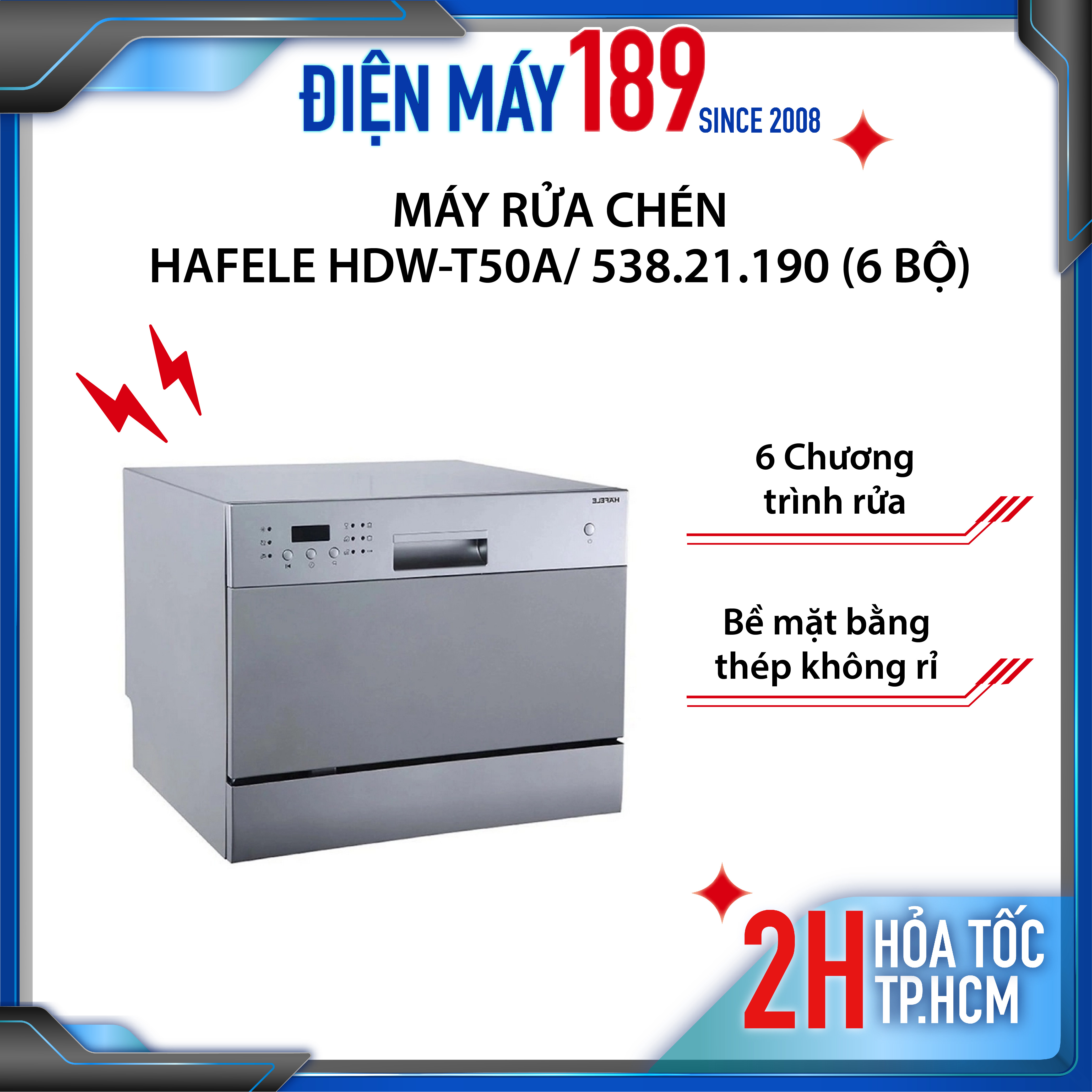 |Trả Góp + Gift + Freeship| Máy rửa chén để bàn Hafele HDW-T50A/ 538.21.190 (6 bộ), 6 chương trình rửa + chức năng sấy, Công suất 1380W, Điều khiển nút nhấn, Hàng chính hãng, bảo hành 12 tháng - Miễn phí vận chuyển HCM