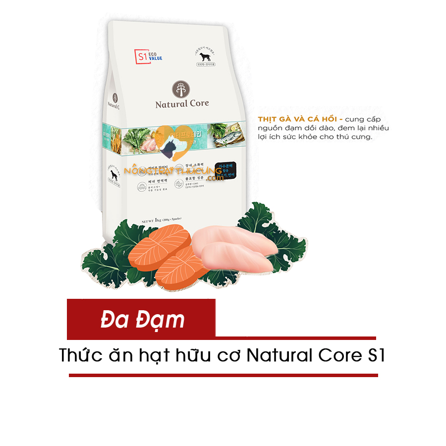 Hạt hữu cơ natural core s1 đa đạm 1kg cho chó - vị thịt gà & cá hồi -