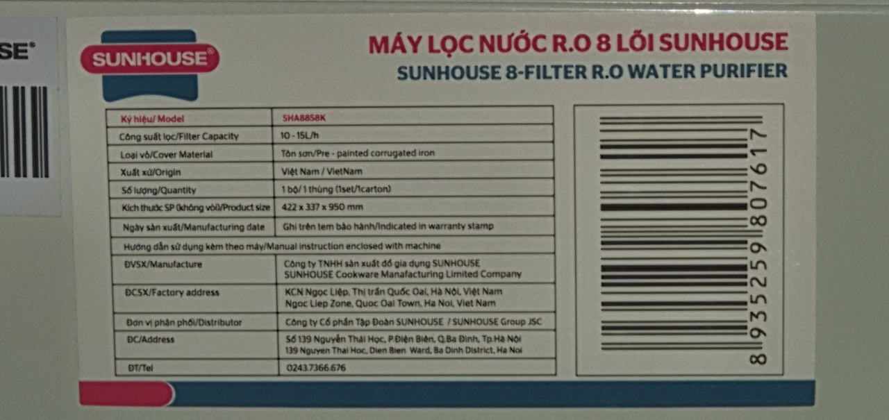 Máy lọc nước RO Sunhouse SHA8858K 8 lõi