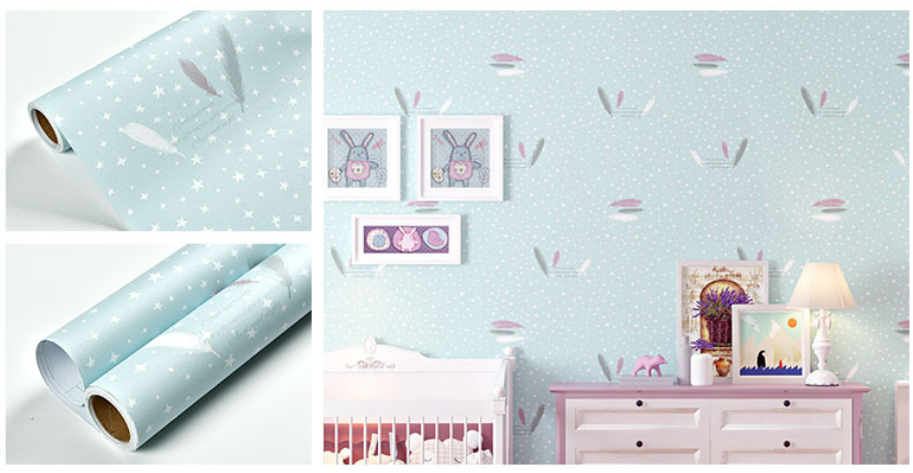 [HCM]Cuộn 5M decal giấy dán tường (có sẵn keo) - LÔNG VŨ XANH HP001
