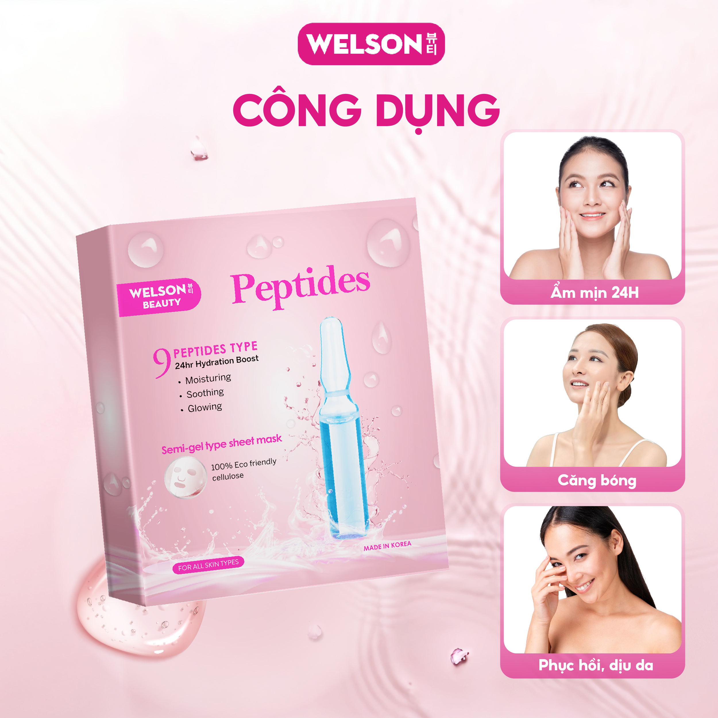[H&B GIFTS] 3 Miếng Mặt Nạ Dưỡng Ẩm Hàn Quốc Công Nghệ Semi Gel, Mask Cấp Ẩm Phục Hồi Da Welson Beauty Peptides