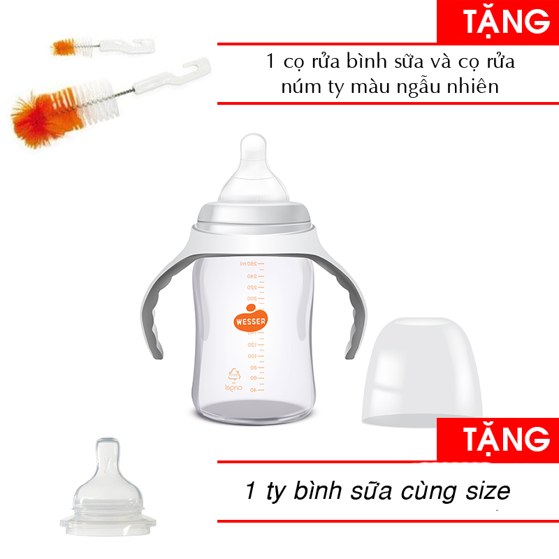 Bình sữa Wesser cổ rộng 260ml + 1 cọ rửa bình sữa tặng 1 ty bình sữa cùng size ( Số lượng có hạn)