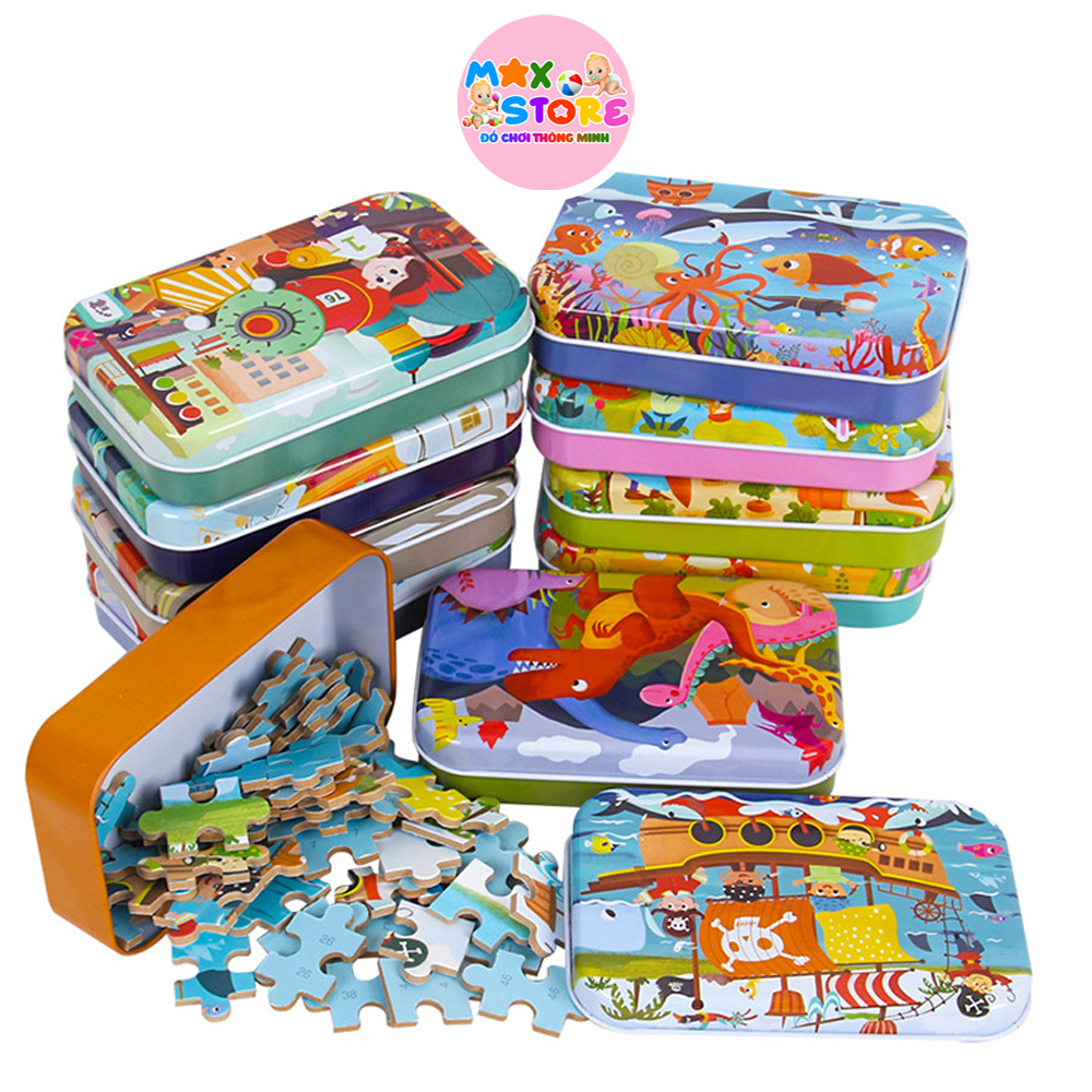 Tranh Xếp Hình 60 Mảnh Gỗ Hộp Sắt Cho Bé 4-10 Tuổi