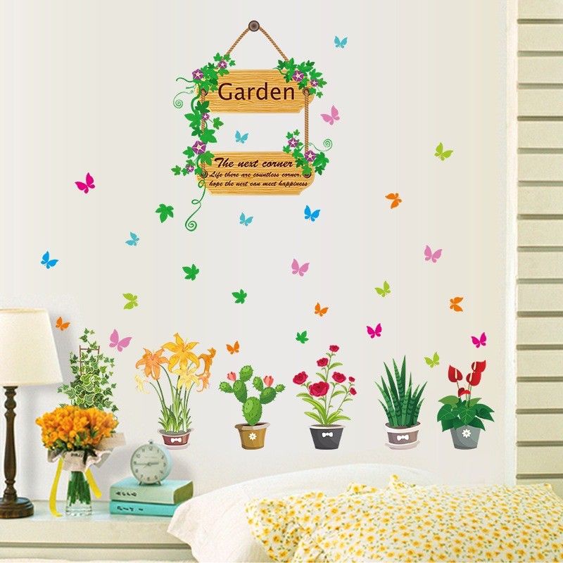 Decal dán tường chậu cây xanh bảng gỗ
