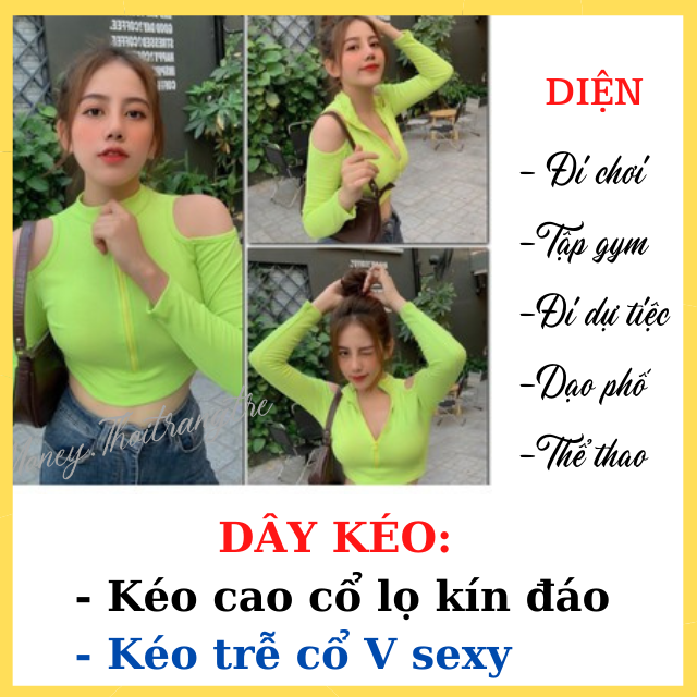 Áo Croptop Crt Thun Gân Coton Ôm Kiểu Khoét Hở Vai Tay Dài Có Dây Kéo Hở Eo-Áo Hở Ngực Dài Tay Hàn Quốc Sexy Ôm Body Màu Đen Trắng Cam Xanh neon,  Cổ Tim Chữ V Tập Gym, Thể Thao, Dạo Phố Siêu Hot