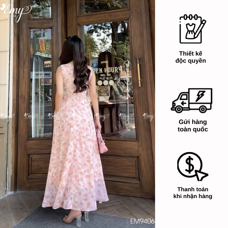 Đầm EMY EM9406 Maxi Hồng Sát Nách Ply Eo