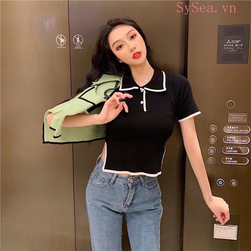 Áo croptop cổ bẻ viền tay ngắn