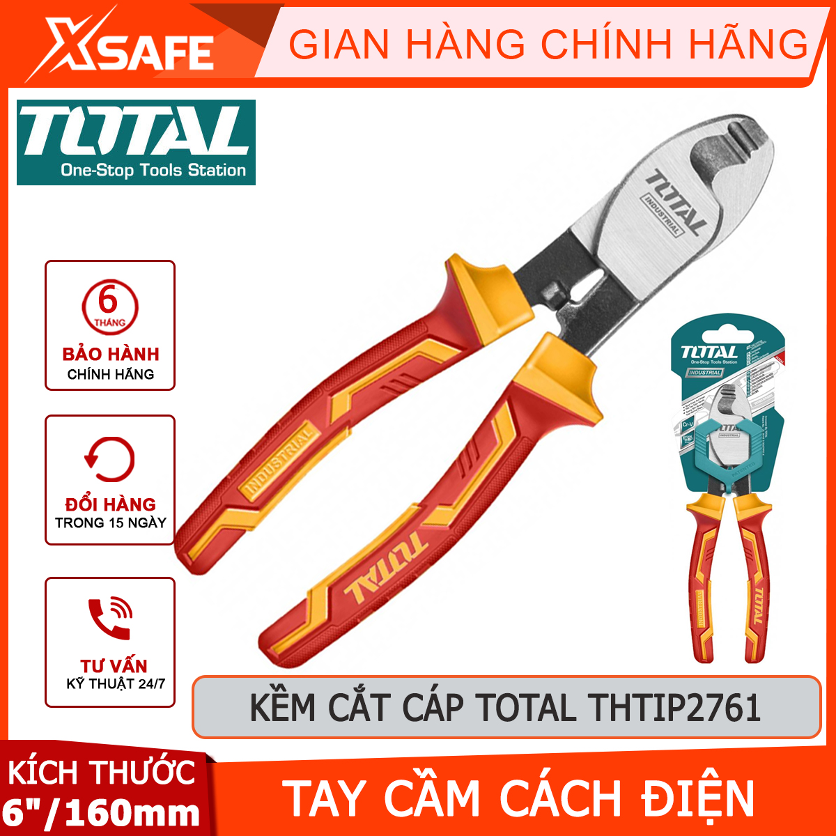 Cutting pliers insulated cable Total THTIP2761 | nippers insulated size: 6 "/ 160mm, top nippers are black plating and polishing, insulated handles up to 1000V [XTools] [xsafe]