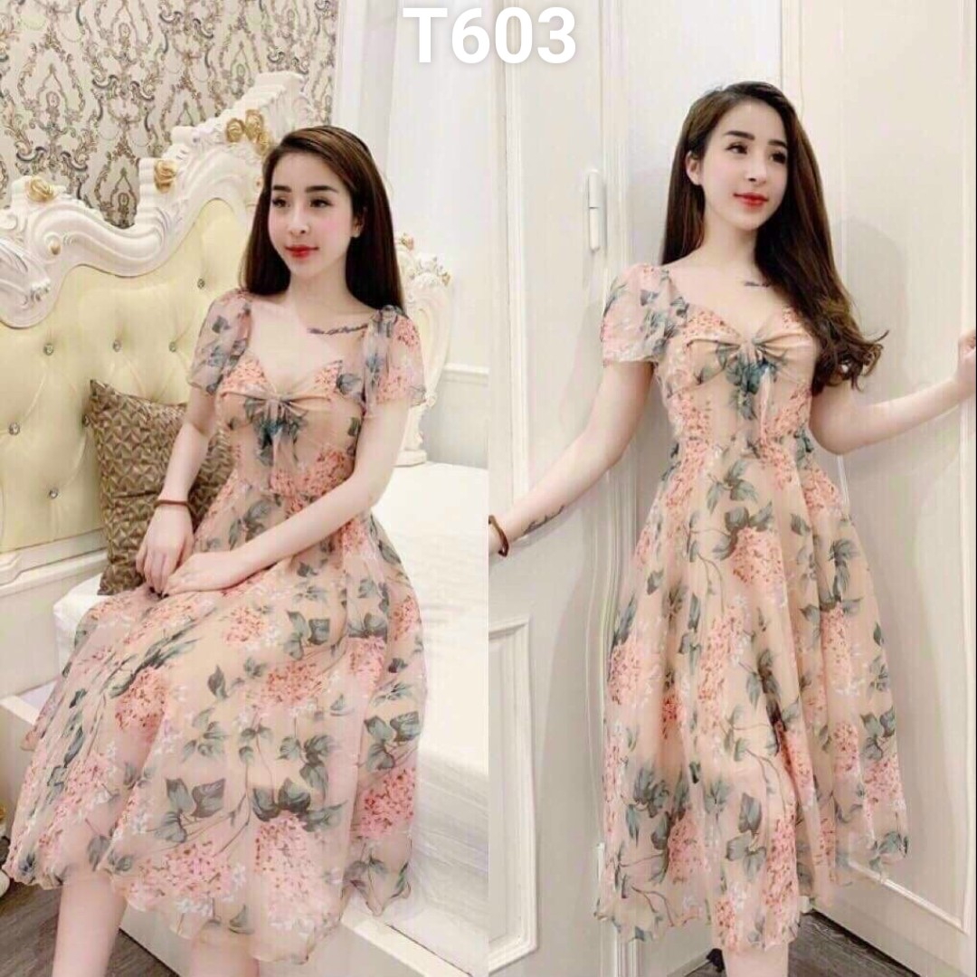 Đầm lụa hoa dáng xoè tay ngắn quá đẹp T603