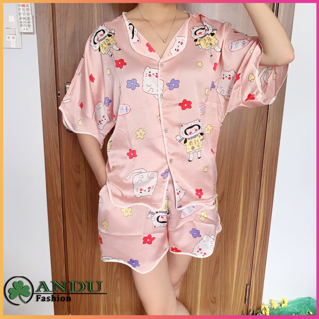 Đồ Bộ Nữ Pijama Lụa Satin Tay Ngắn Quần Đùi Form Dơi, Set Quần Áo Mặc Nhà