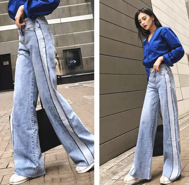 [HCM]Quần jean nữ lưng cao phom baggy ống suông rộng viền cạnh BIG SIZE phom rộng to dài tua lai sọc viền 3290
