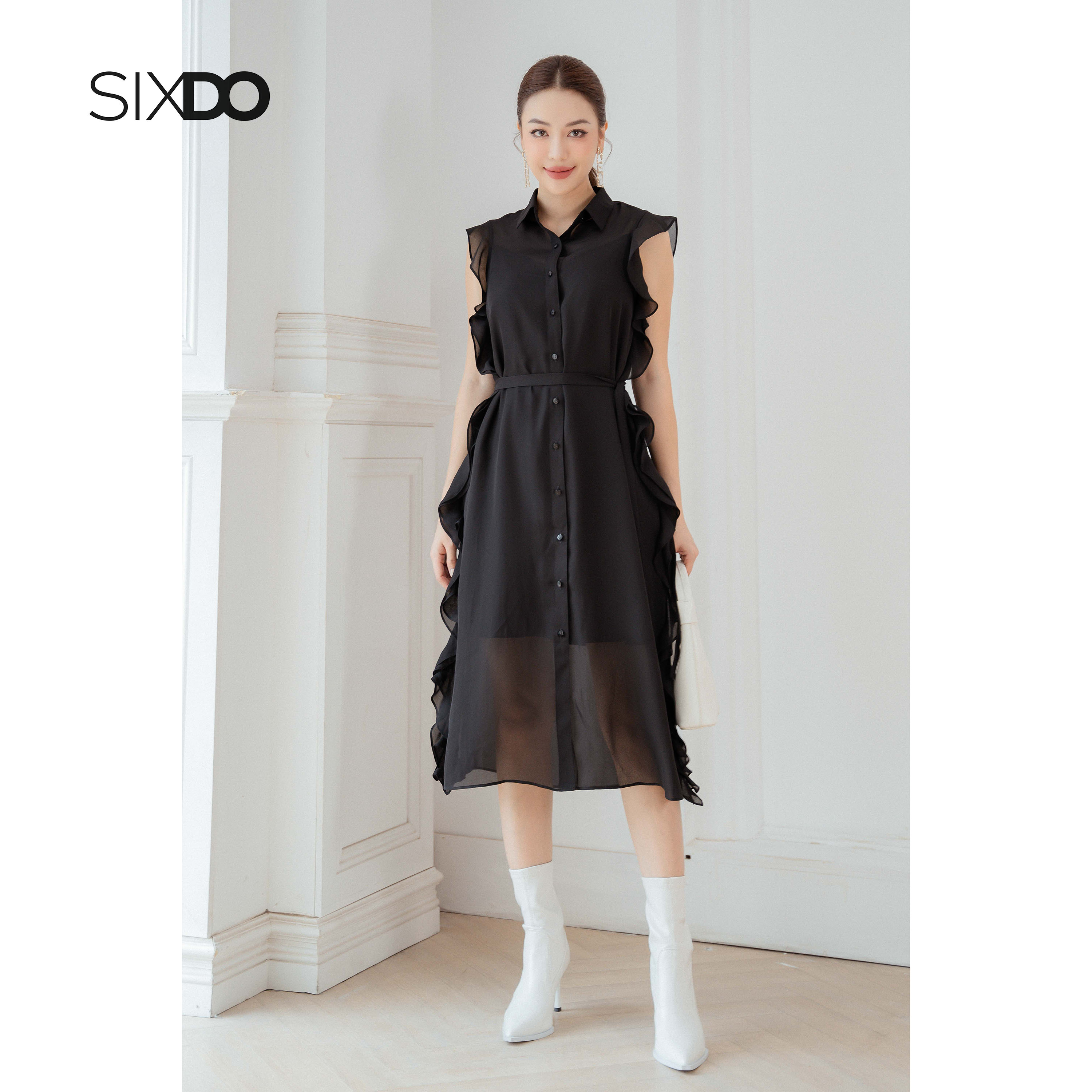 Đầm sơ mi sát nách SIXDO (Black Straight Midi Chiffon Dress)