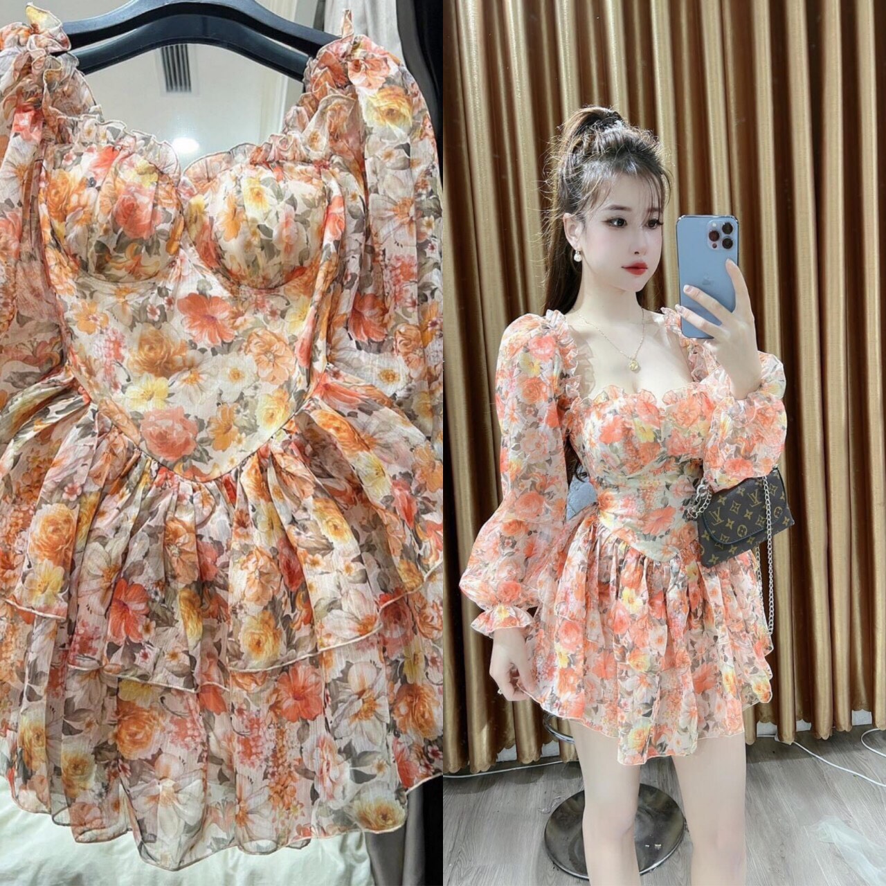 đầm voan hoa  tay dài cực sang
