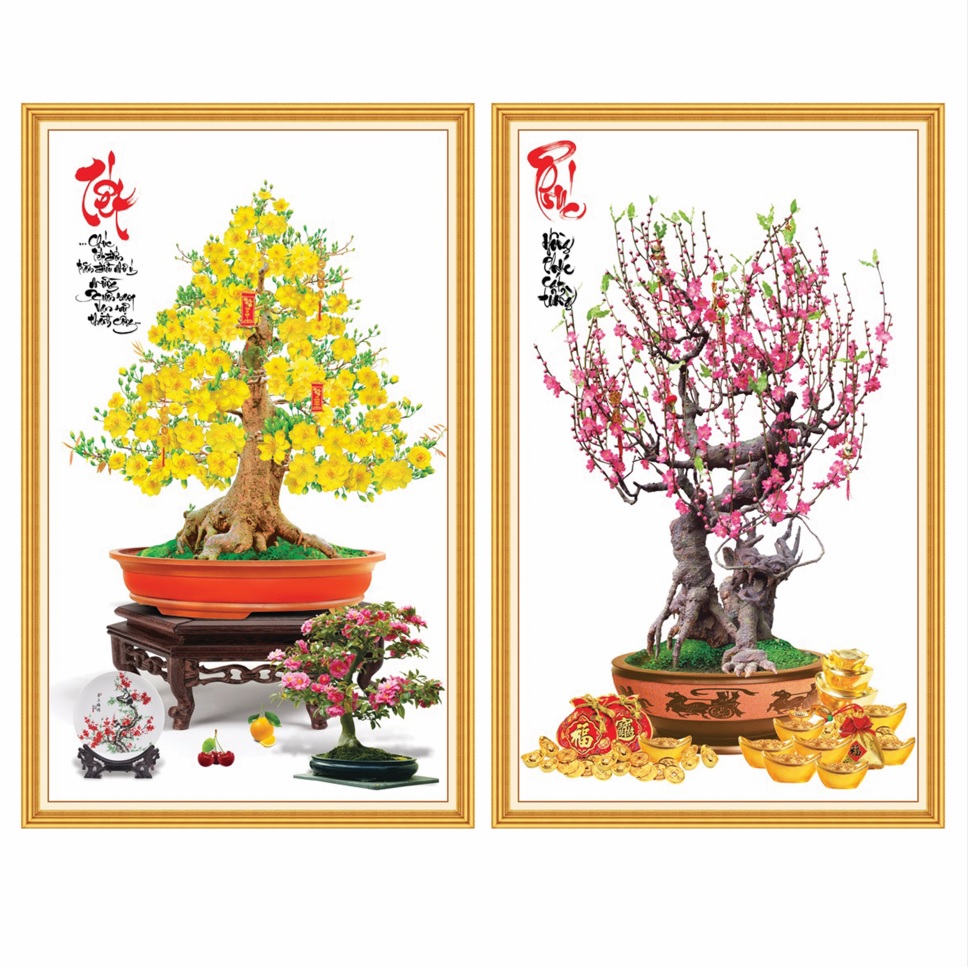 Tranh dán tường VTC bộ hai tranh hoa mai, đào trang trí Tết CBMD2 kim sa chọn mẫu