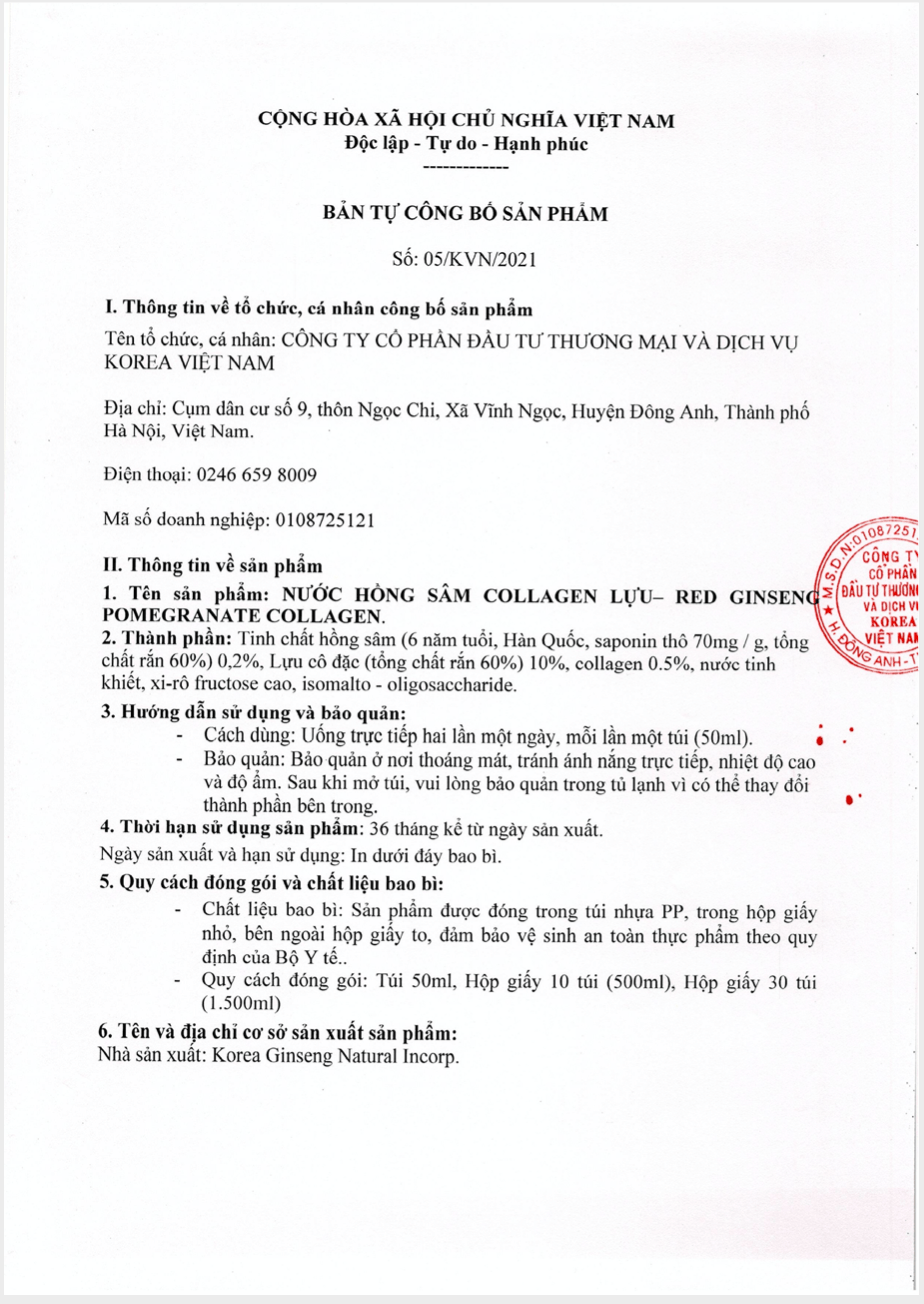 Nước Hồng Sâm Collagen Lựu Red Ginseng Pomegranate Collagen