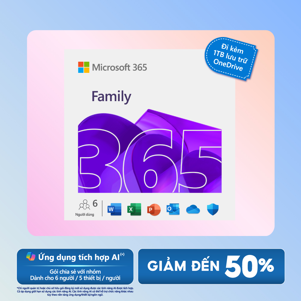 [ KEY GIA HẠN hoặc MUA MỚI ] Phần mềm Microsoft 365 FAMILY | Dành cho tối đa 6 người | 12 tháng | 5 thiết bị/người | Word, Excel, PowerPoint | 1TB OneDrive