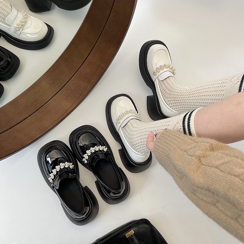Giày  nữ quai nơ da bóng đế cao SAKI