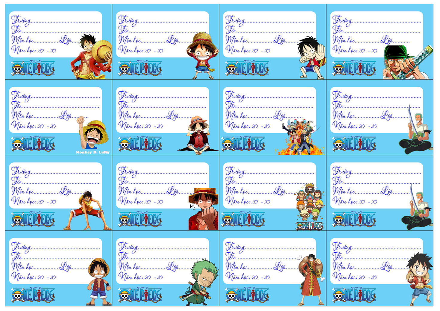 Nhãn vở set 32 đến 80 nhãn One Piece ANIME MANGA