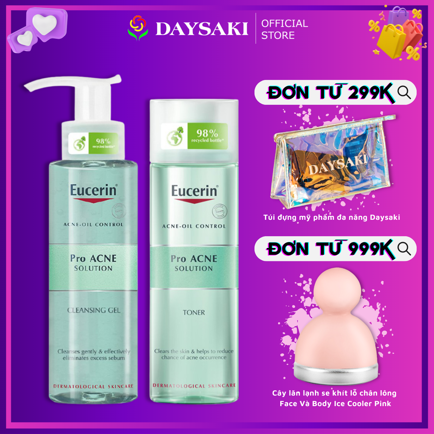 Eucerin combo sữa rửa mặt eucerin cho da nhờn mụn pro acne cleansing và nước hoa hồng dành cho da nhờn mụn proacne toner 200ml