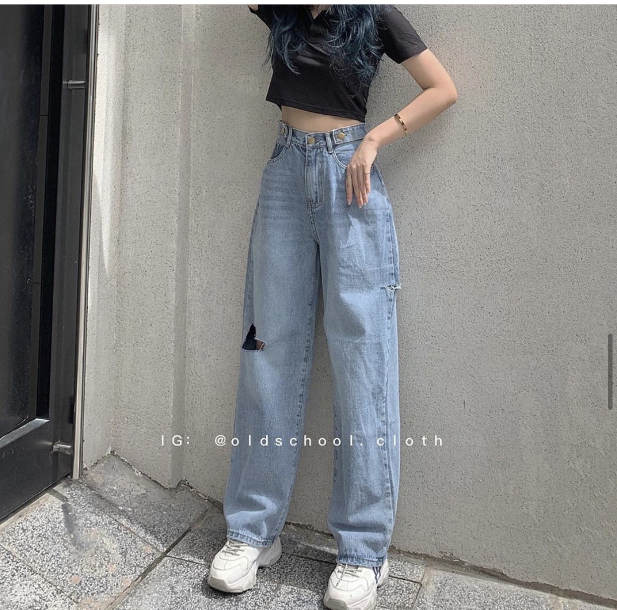 🔥set quần jeans ống suông rách + crop petter đen