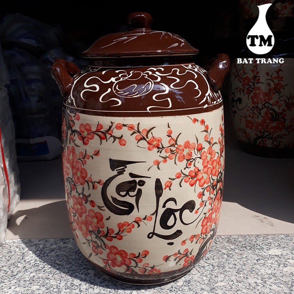 Hũ sành sứ đựng gạo, chum ngâm rươ.u vẽ hoa đào tráng men có quai 10-15kg trung hanh bat trang ceramics