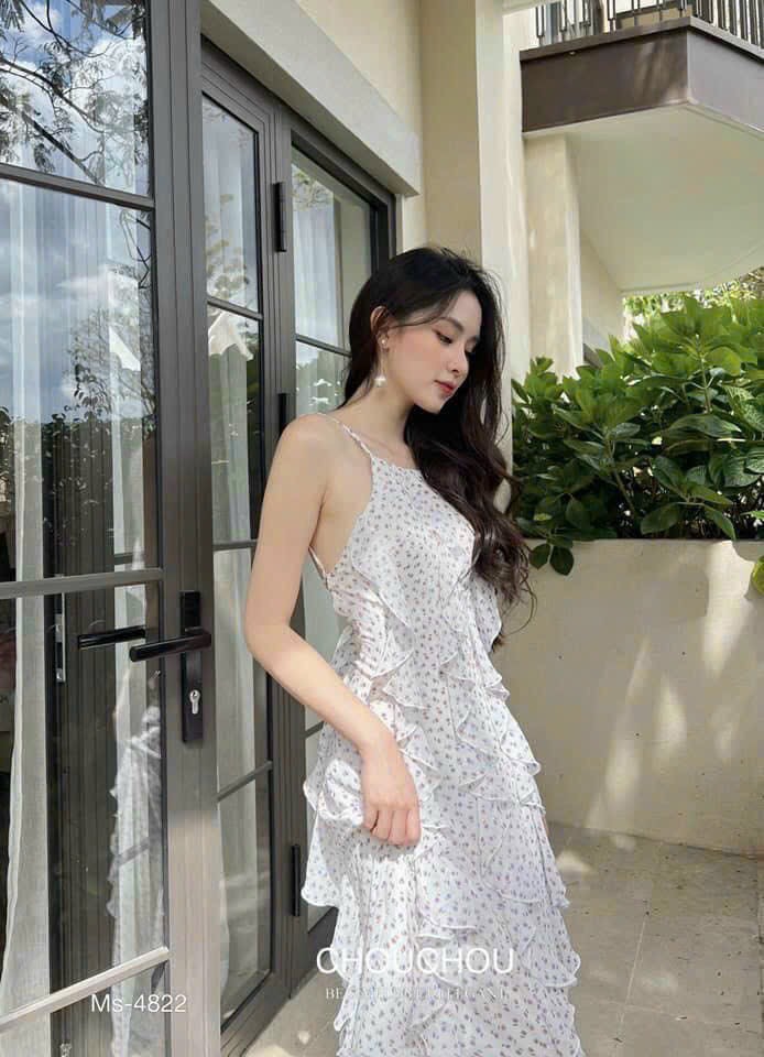 Đầm xòe voan hoa cổ yếm phối bèo có mút