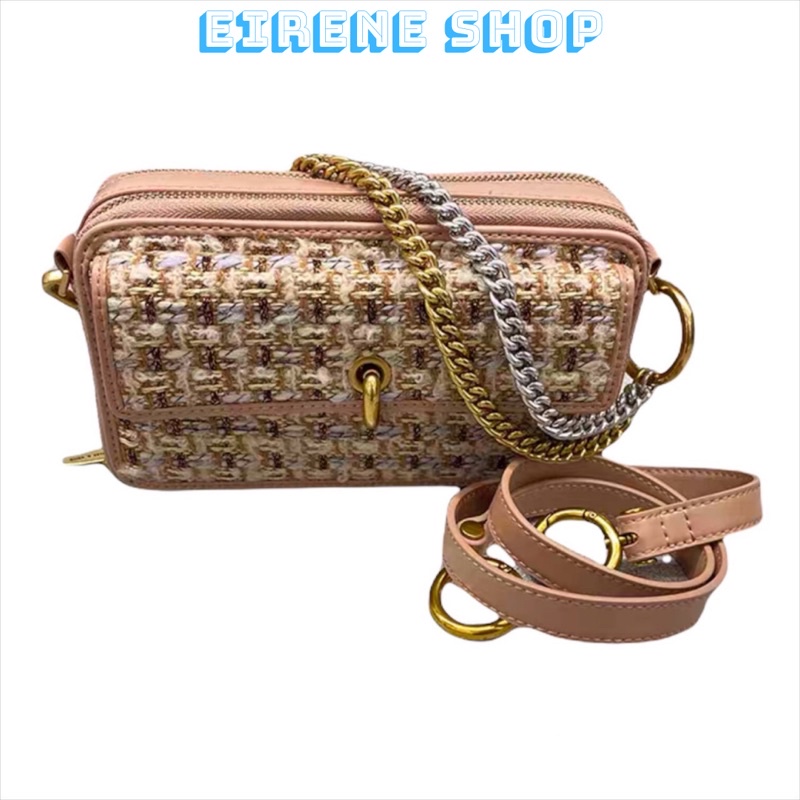 Túi nữ cnk khoá móc câu bản dạ tweed túi hộp cnk hai ngăn dây da phối dây xích