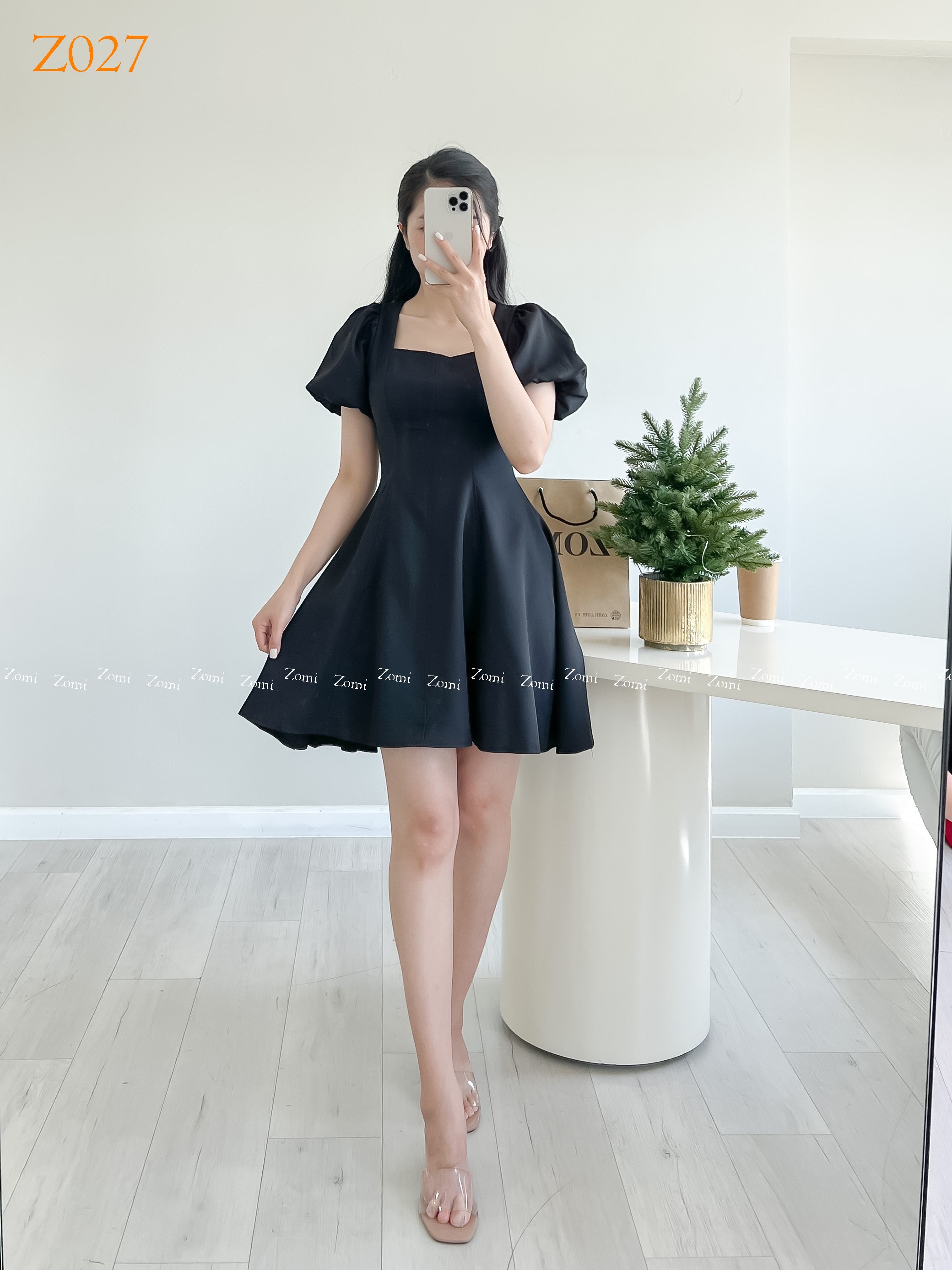 Đầm dự tiệc tay phồng cột nơ lưng dáng xòe