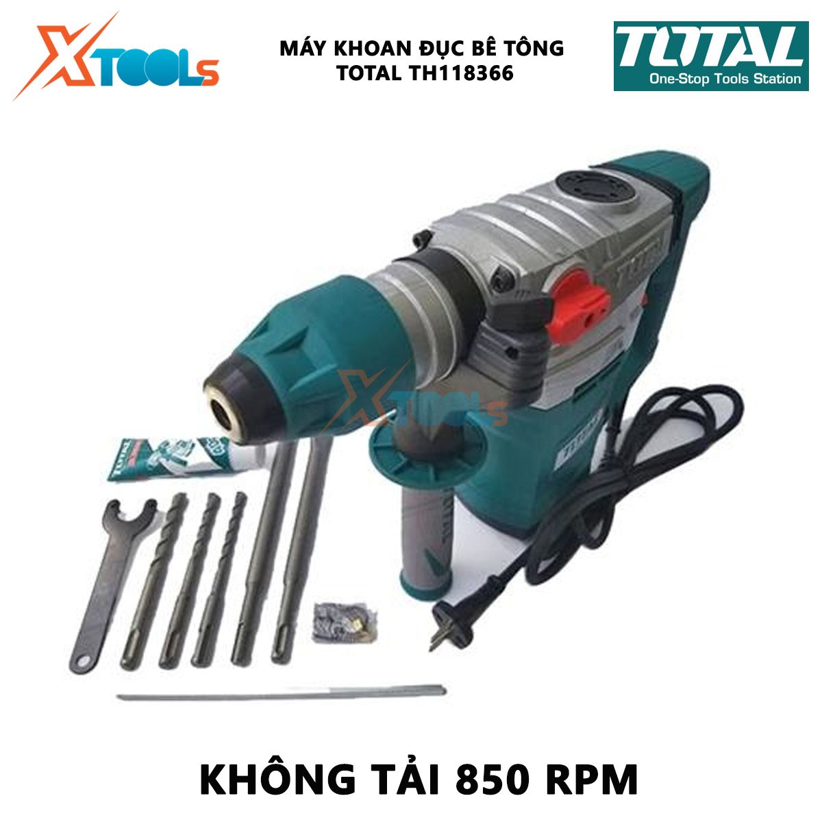 Machine drill chisel concrete Total TH118366 | hammer drill machine rotating power 1800W speed no-load 850 rpm speed beating 4200 BPM screwdriver, đục Wall, concrete drill [genuine] [XTools]