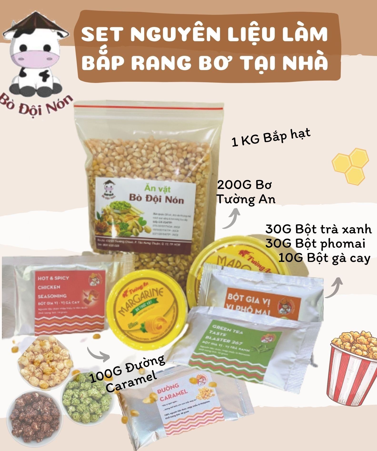 SET nguyên liệu làm BẮP RANG BƠ (1kg bắp + 200g bơ + 50g caramel+ 30g bột trà xanh, 10g gà cay, 30g phomai)-BÒ ĐỘI NÓN SHOP