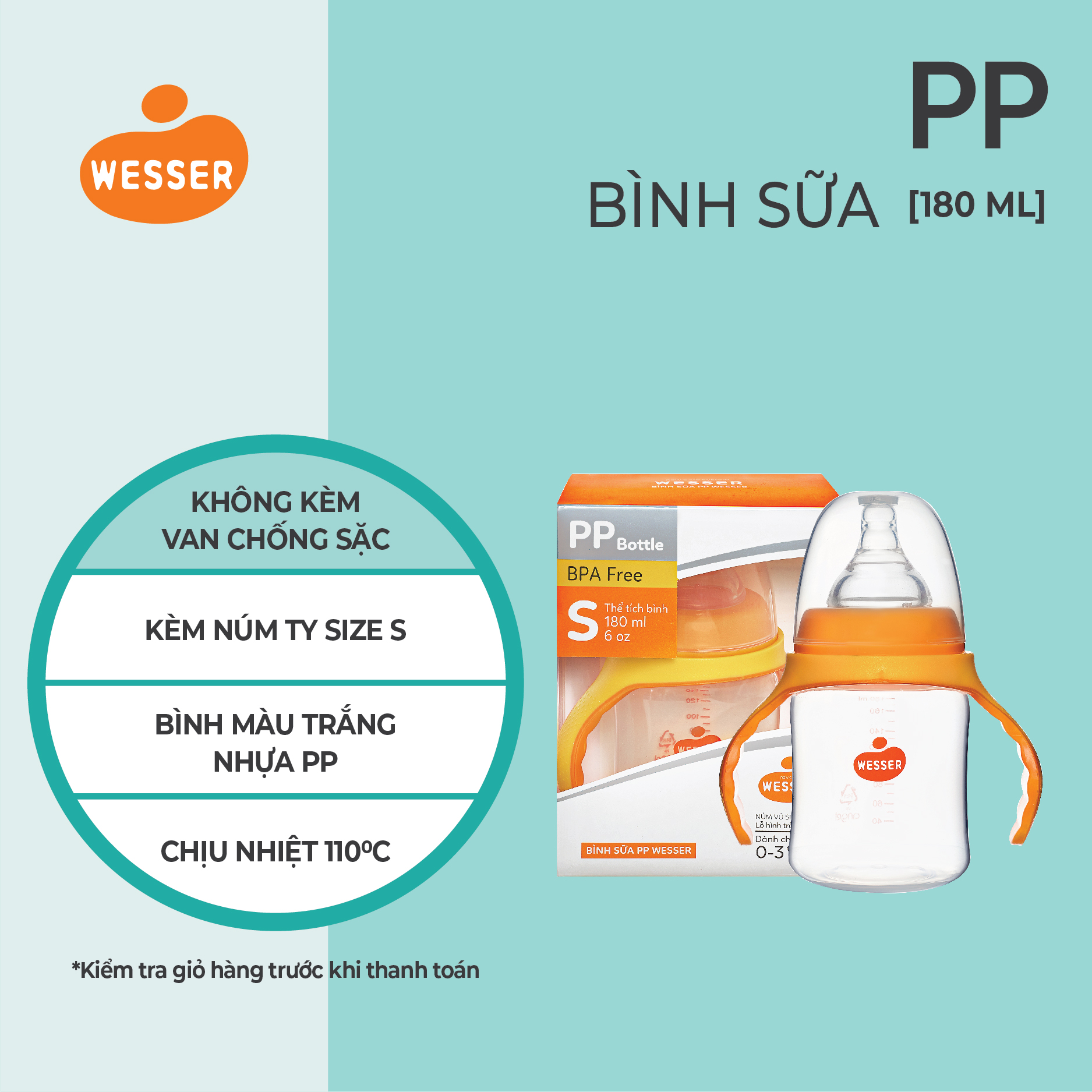 Bình sữa cổ rộng PP Wesser 180ml/260ml