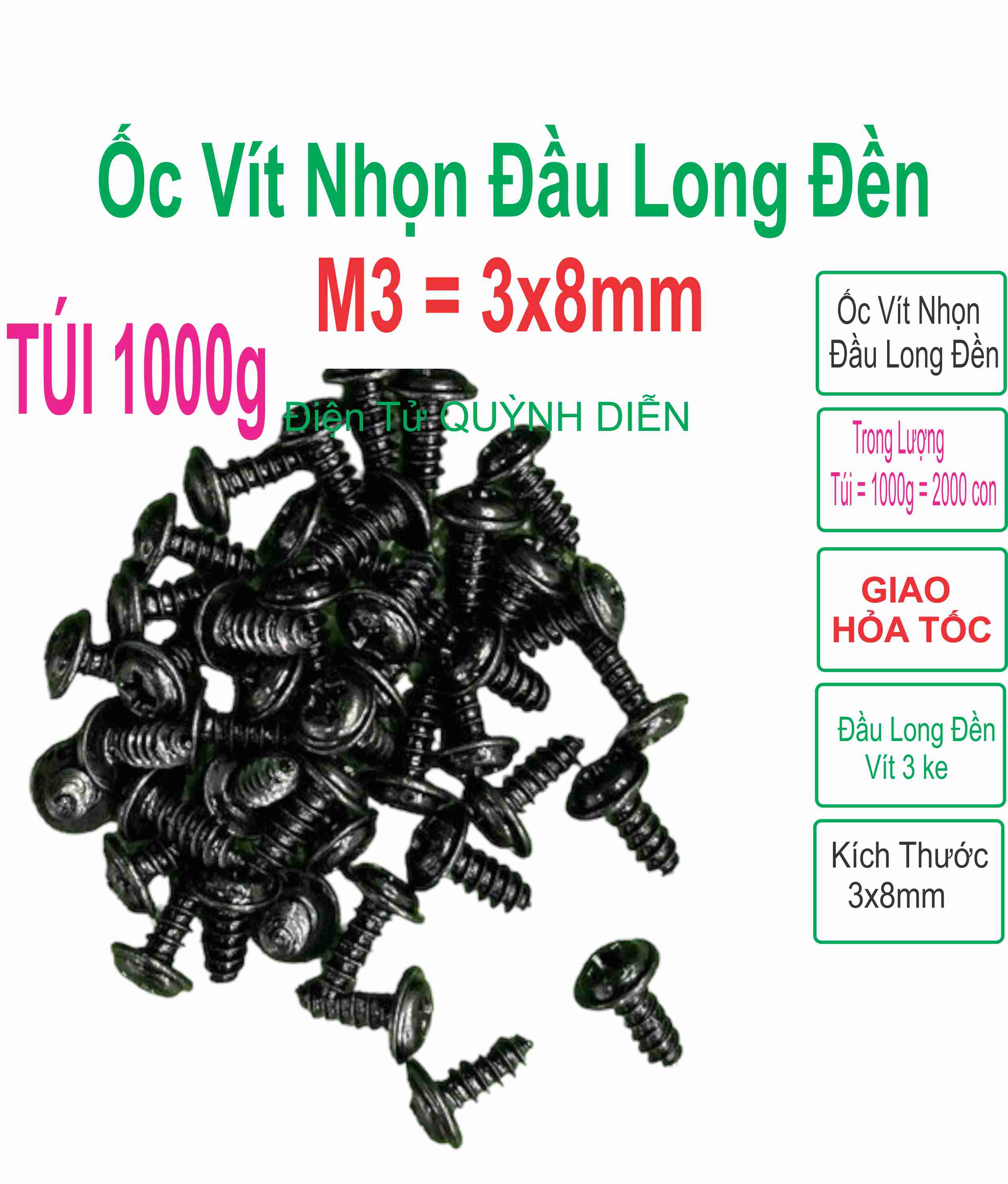 Ốc vít bắt ampli, bắt còng, bắt fet, kích, ốc răng xoắn 3mm dài 8mm ĐEN