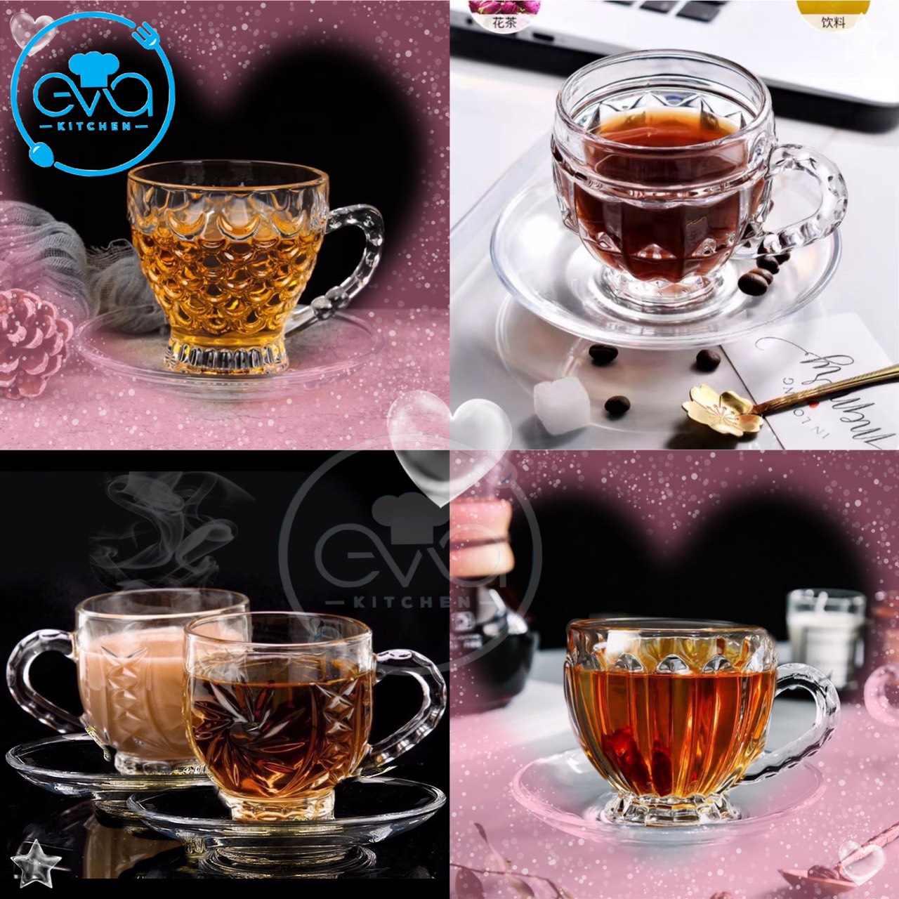 [HCM]Bộ 6 Ly Và 6 Đĩa Thuỷ Tinh Pha Lê Quai Cầm Nhiều Mẫu Hoạ Tiết Sang Trọng M3464
