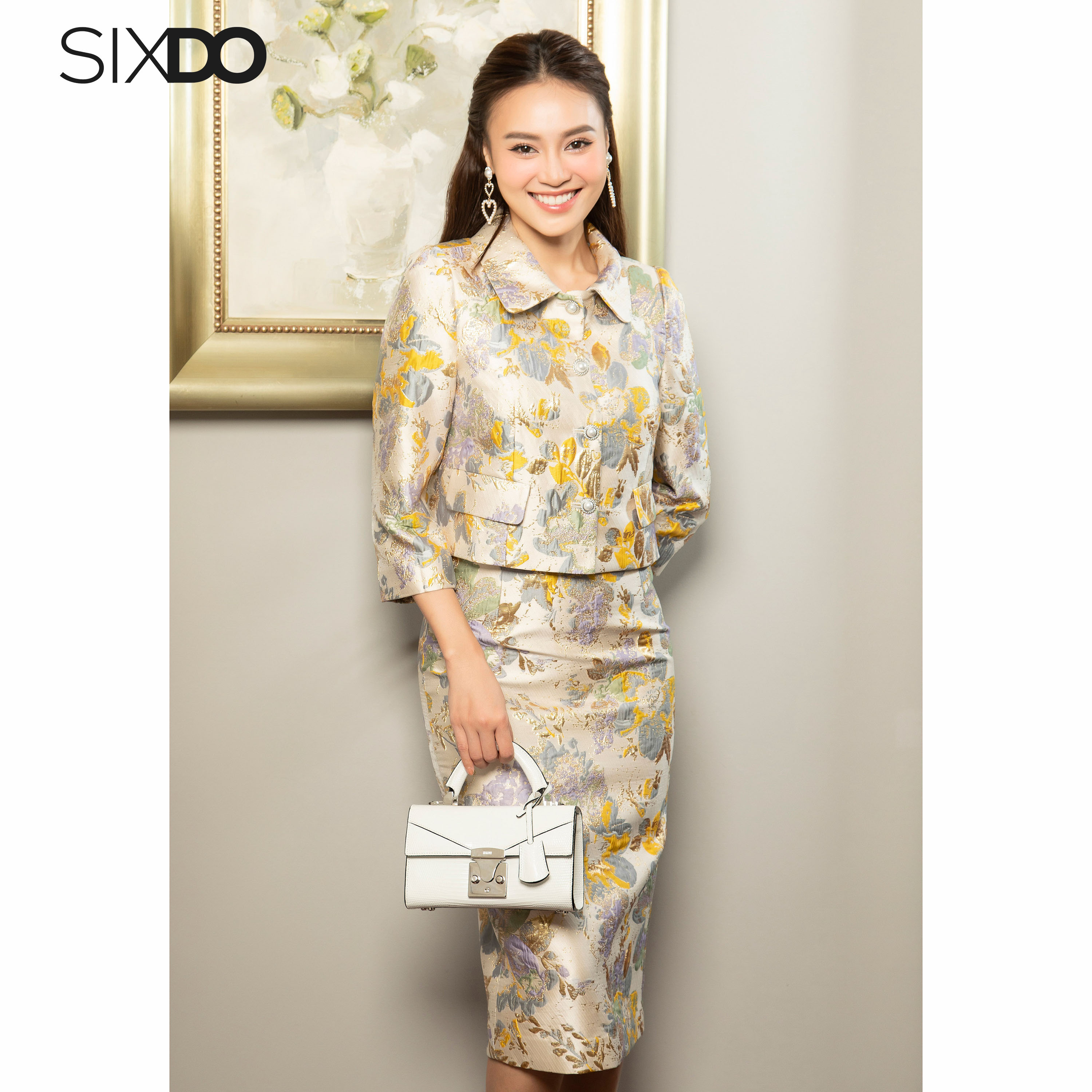 Chân váy gấm họa tiết hoa SIXDO (Sky Rose Midi Brocade Skirt)
