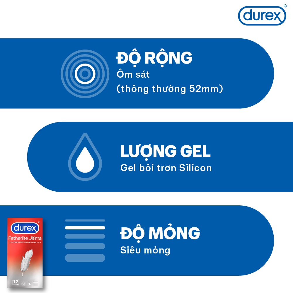 Bao cao su Durex Fetherlite Ultima 12 bao - Siêu mỏng , size 52mm cỡ vừa