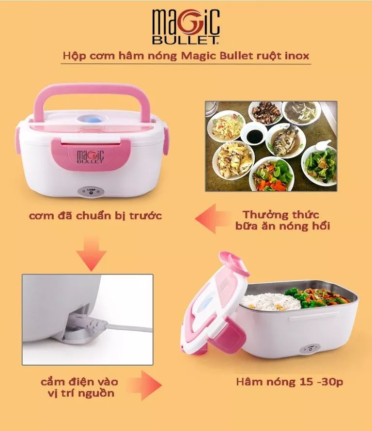 Hộp đựng cơm văn phòng cắm điện ủ cơm hâm nóng thức ăn magic bullet ruột inox cao cấp an toàn cho sức khỏe. bảo hành 12 tháng.