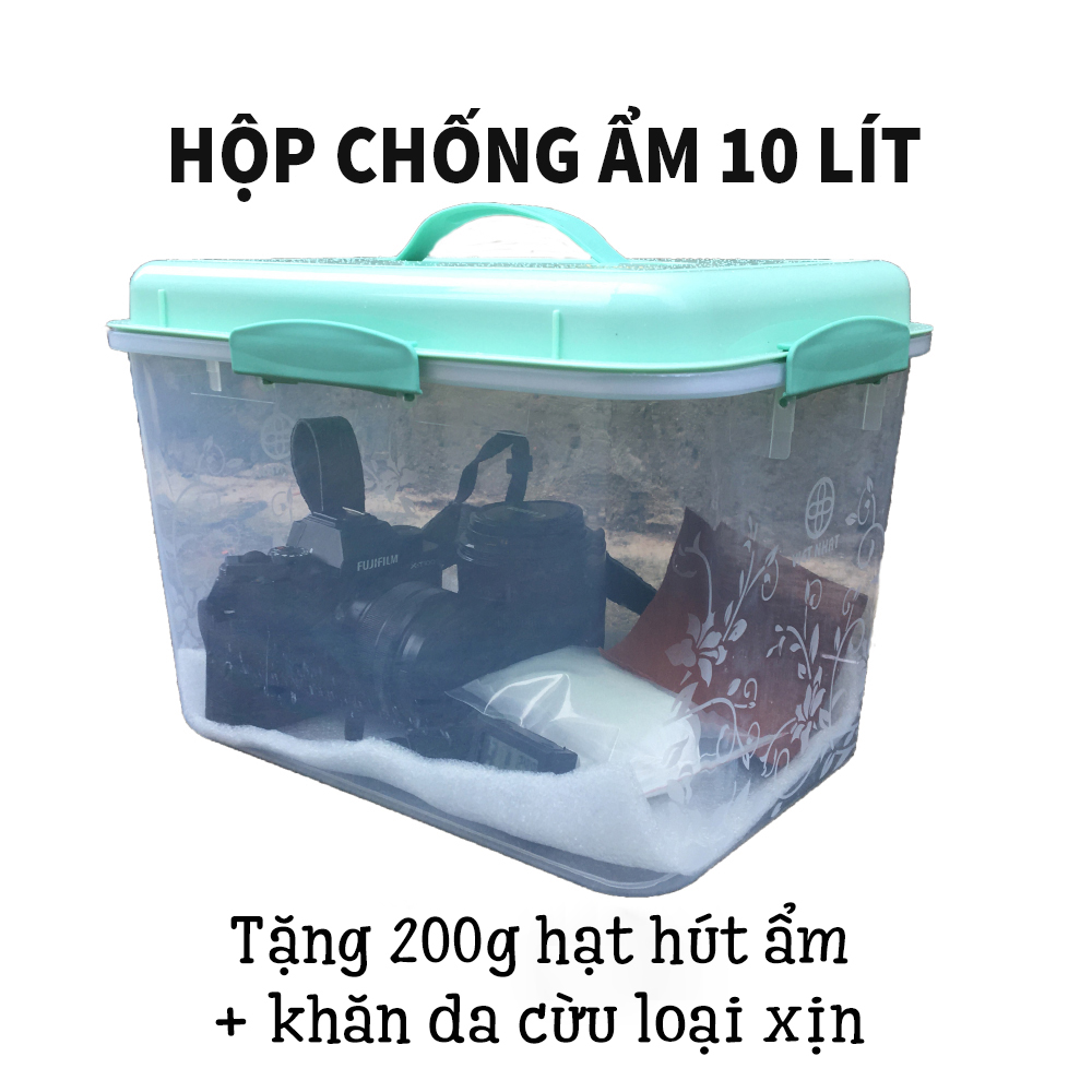 Combo hộp chống ẩm máy ảnh loại 10 lít 4 khóa tặng 200g hạt hút ẩm + khăn da cừu lau lens loại xịn