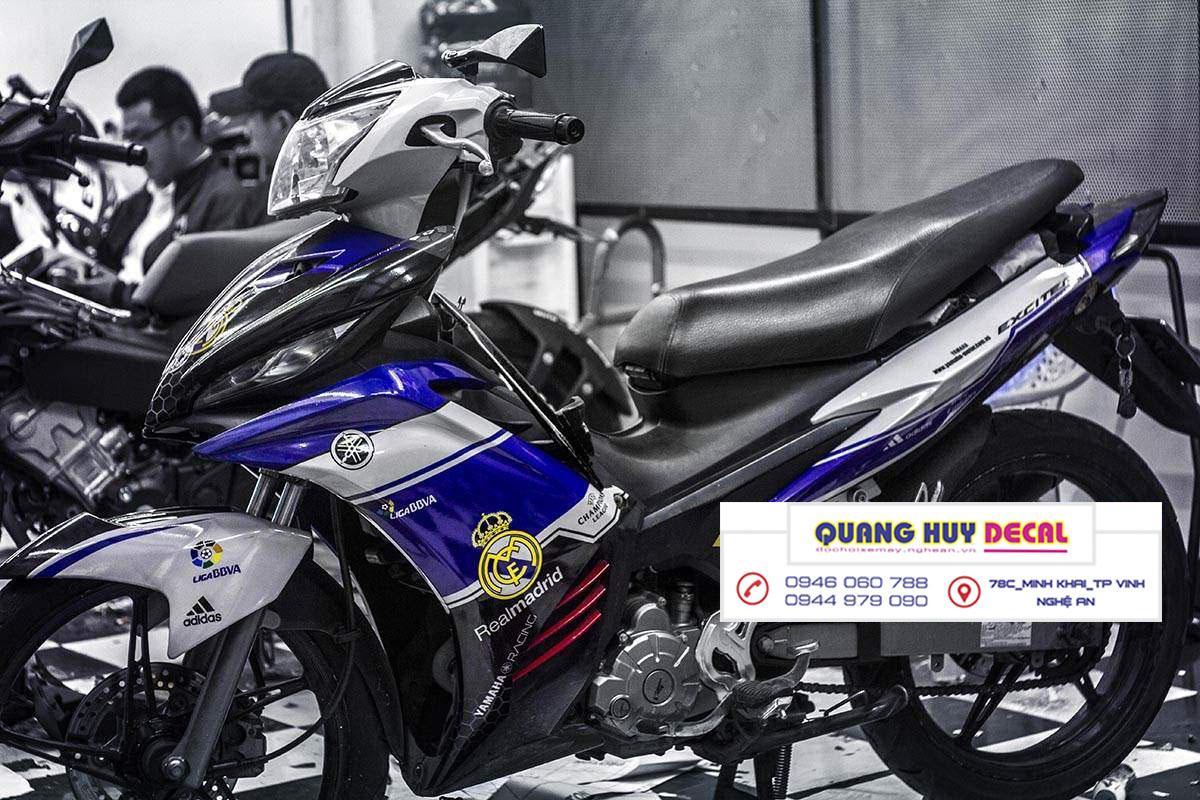 Tem trùm xe máy ex135 Real trắng xanh- Độ tem xe máy ex135 thiết kế theo yêu cầu - Chế tem trùm xe máy exciter 135 rẻ đẹp