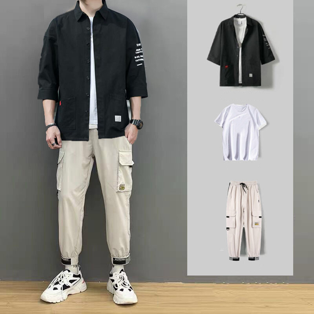 Set Bộ Quần Áo Nam Áo Sơ Mi Cổ Đức Túi Hai Bên Cá Tính Kết Hợp Với Quần Túi Hộp Bo Ống Tặng Kèm Áo Phông Năng Động Thời Trang 4MENHN SET NAM 90000150C