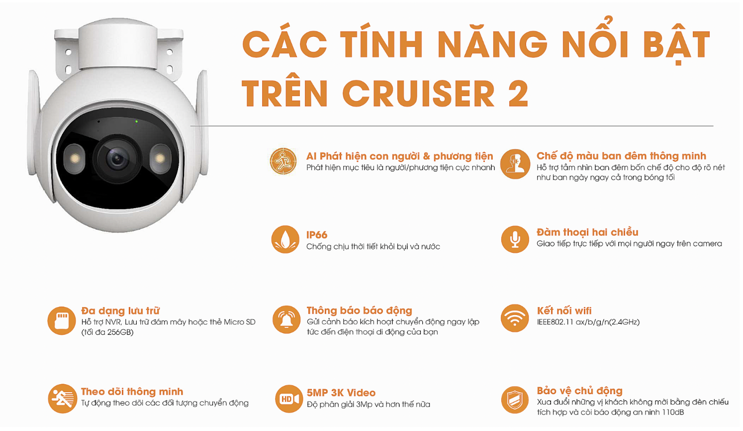 Camera wifi ngoài trời siêu nét, xoay 360, màu đêm đàm thoại imou cruiser 2 5mp -3mp