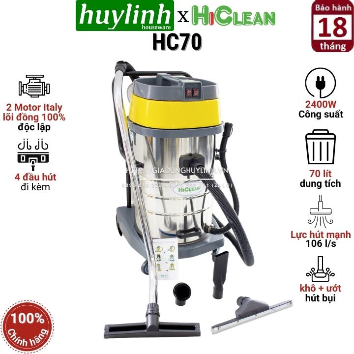 Máy hút bụi công nghiệp HiClean HC70 - Dung tích 70 lít - Công suất 2400W - Hút khô và Ướt - 2 Motor