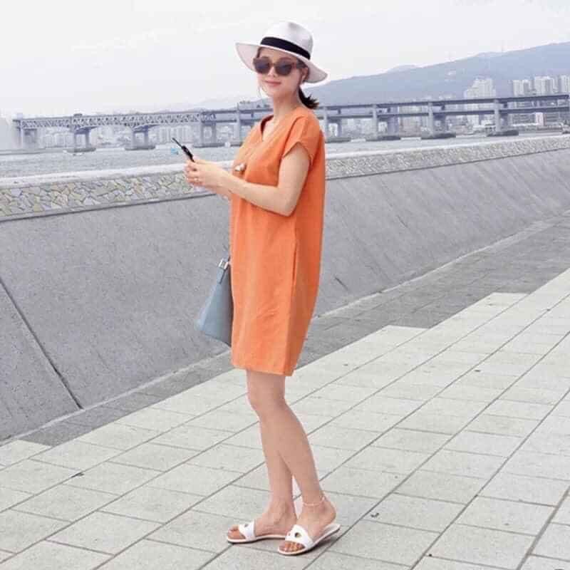 Đầm linen cổ tim đủ sz S-XL