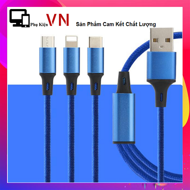 ⚡ Siêu Bền ⚡ Cáp Sạc 3 Đầu Chống Rối Đứt Cho Iphone - Micro - Type C , Tiện Dụng