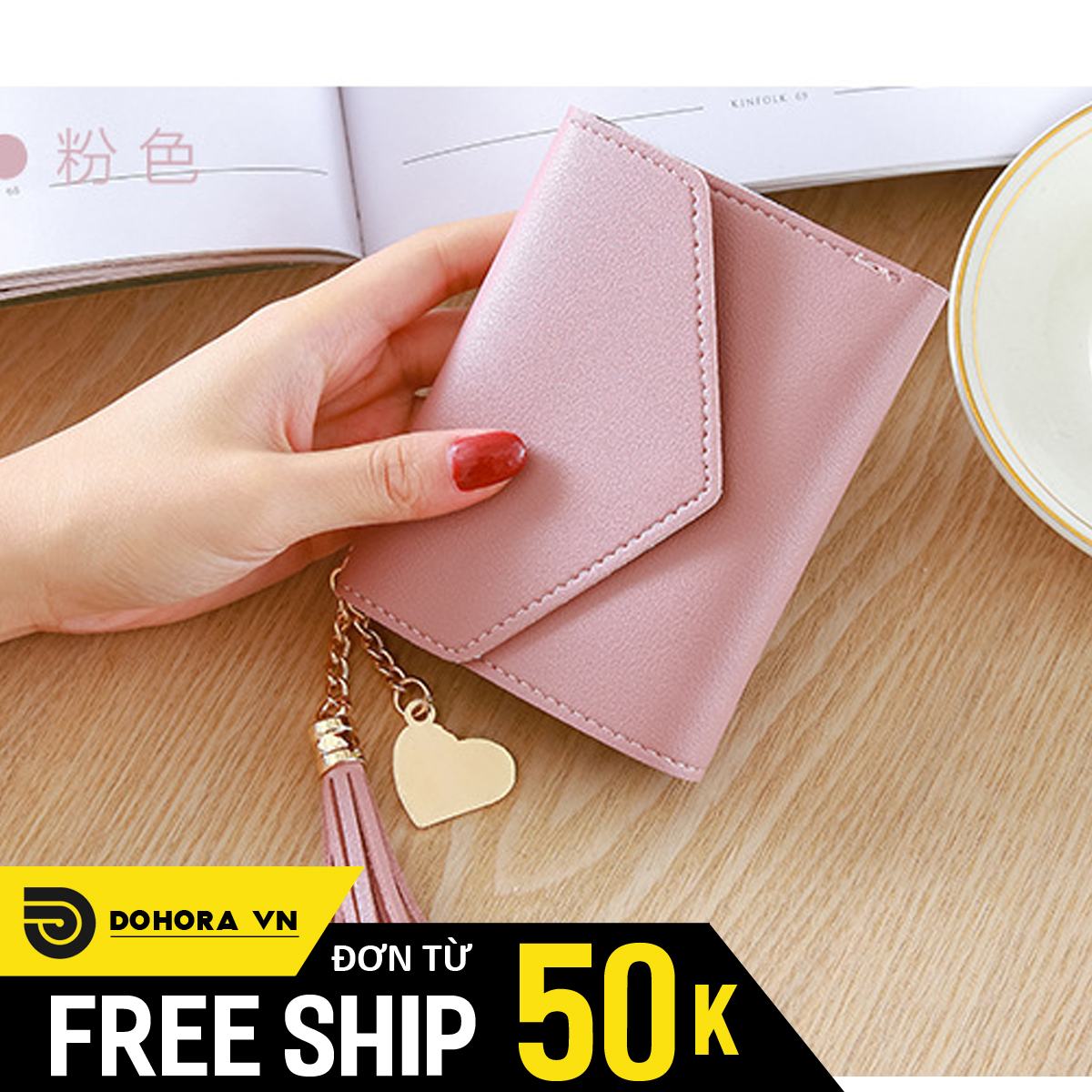 Ví Bóp Cầm Tay Da Nữ, Ví Dáng Ngắn VOT1, Nhiều Ngăn Tiện Lợi, Chất Da Siêu Bền, Móc Tua Rua Kèm Trái Tim Cực Xinh Xắn