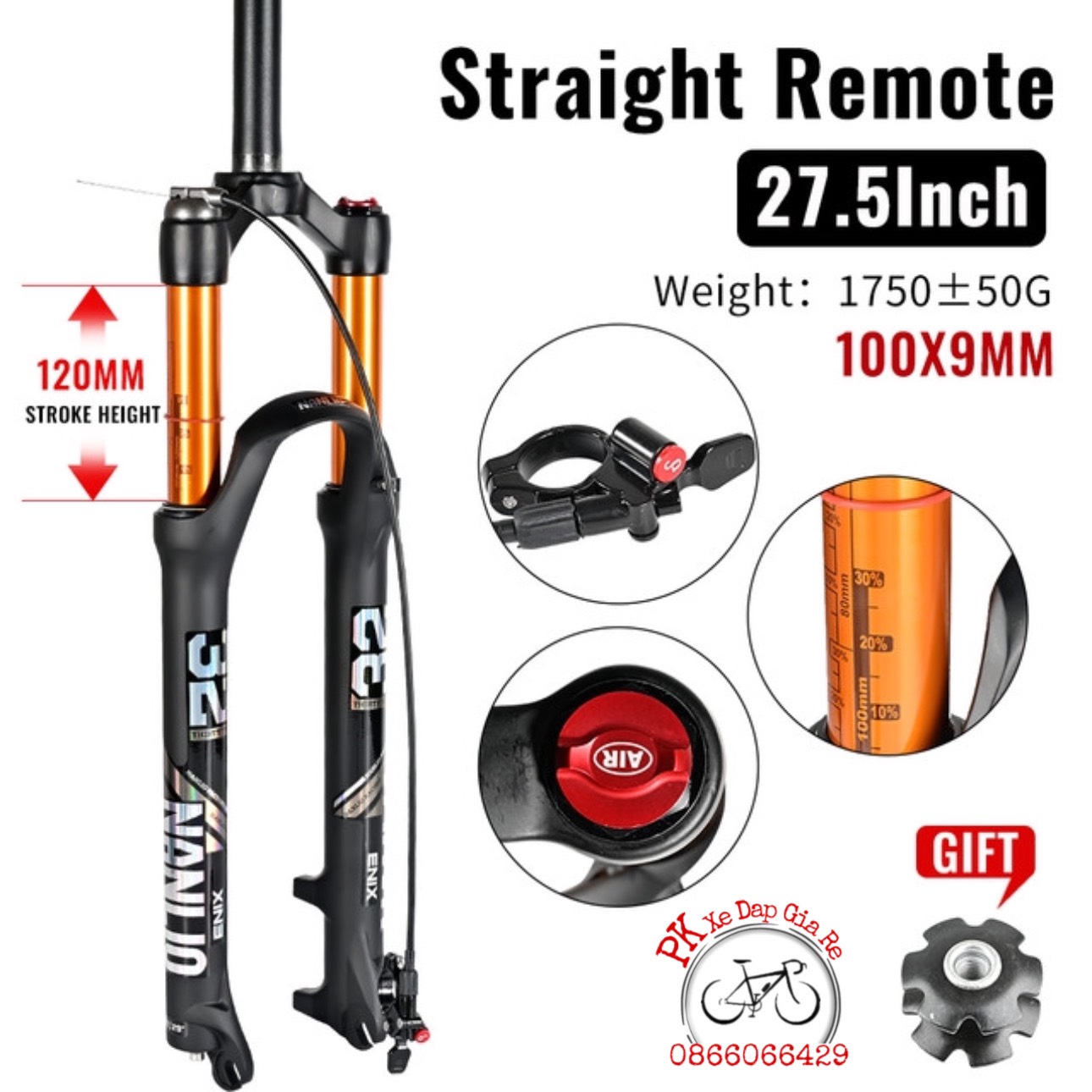 Phuộc hơi xe đạp mtb bánh 26 - 27.5 inch, phuộc nanlio khoá dây cao cấp - bảo hành 6 tháng