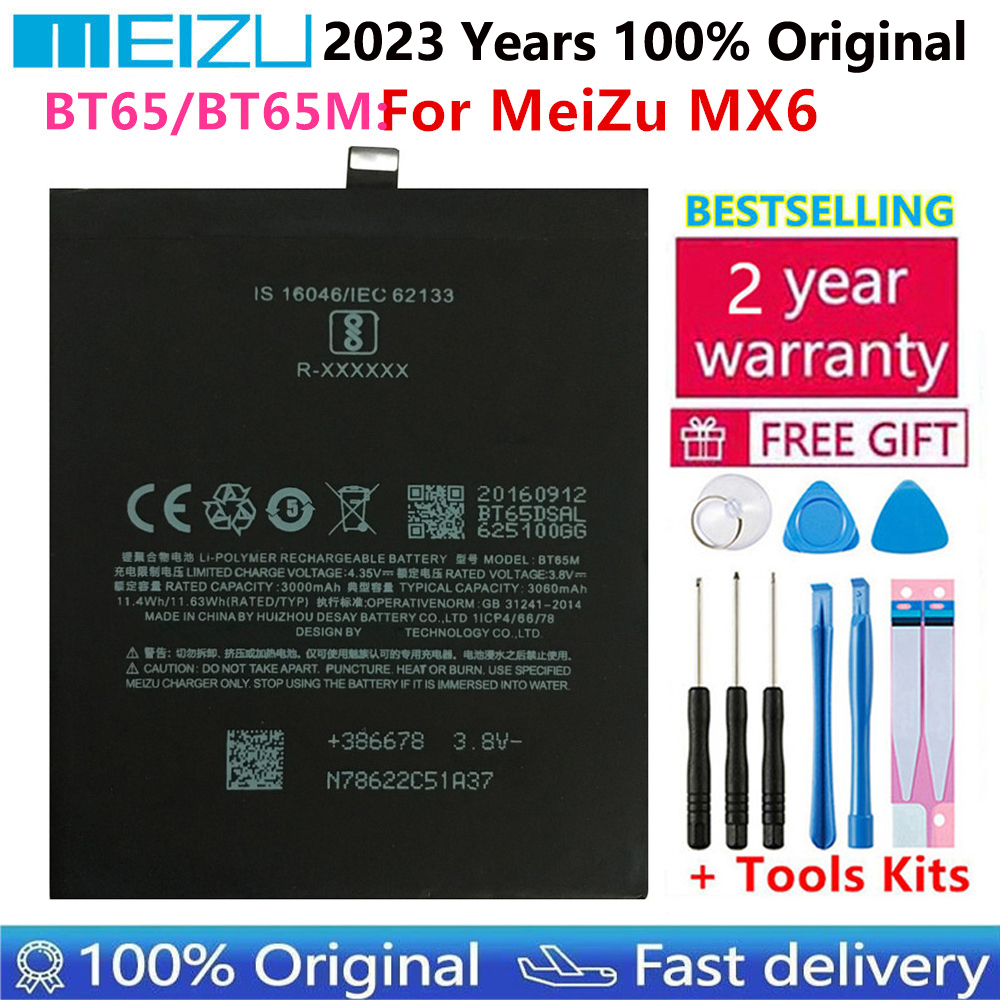 100 meizu chất lượng ban đầu 3060mah bt65 bt65m li-ion pin cho meizu mx6 điện thoại di động thay thế pin pin bateria